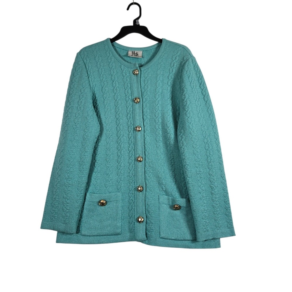 Vintage Mita Cardigan Sweater Womens Plus 1X Teal Blue Gold Button Front Knit